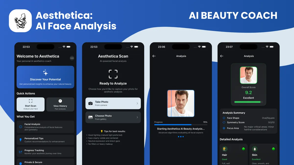 Aesthetica AI face rating app: selfie scan, face analysis in progress and a 9.2/10 face score with symmetry and face shape results